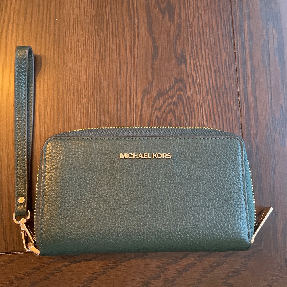 Hunter green Michael Kors Wristlet with attached wallet